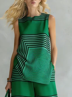 Urban Geometric Stripe Sleeveless Top Loose Fit Lightweight Daily