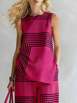 Urban Geometric Stripe Sleeveless Top Loose Fit Lightweight Daily