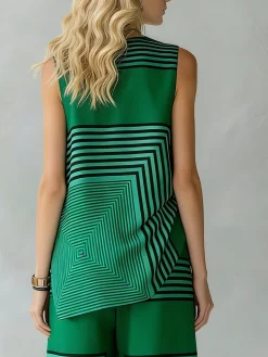 Urban Geometric Stripe Sleeveless Top Loose Fit Lightweight Daily