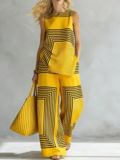 Urban Geometric Stripe Sleeveless Top Loose Fit Lightweight Daily