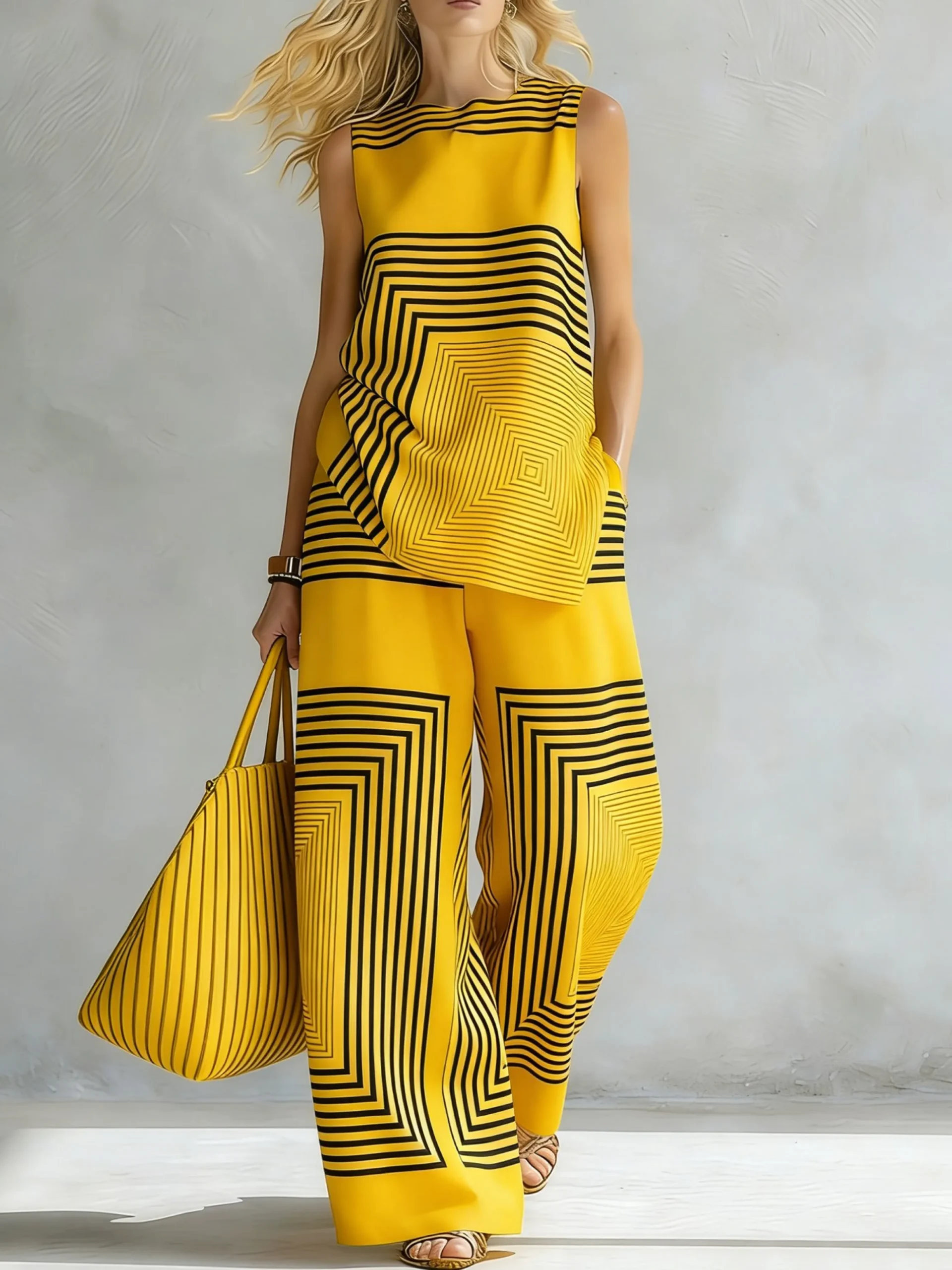 Urban Geometric Stripe Wide Leg Pants High Waist Flowy Office Trousers