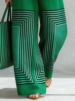 Urban Geometric Stripe Wide Leg Pants High Waist Flowy Office Trousers