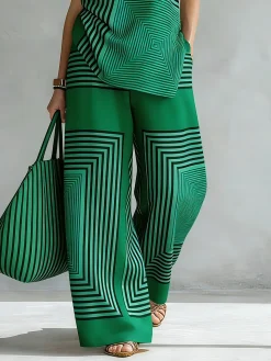 Urban Geometric Stripe Wide Leg Pants High Waist Flowy Office Trousers