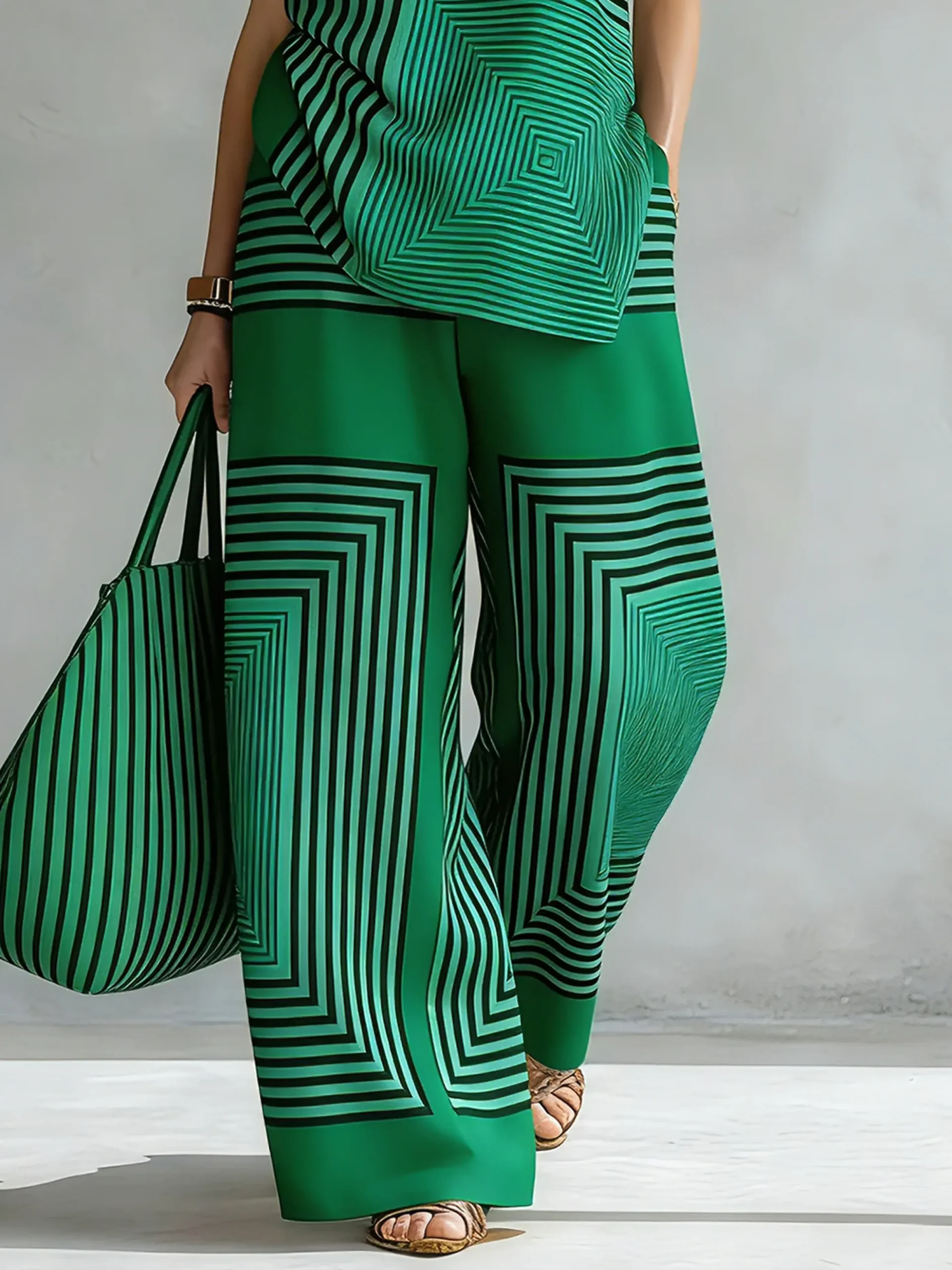 Urban Geometric Stripe Wide Leg Pants High Waist Flowy Office Trousers