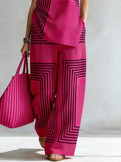 Urban Geometric Stripe Wide Leg Pants High Waist Flowy Office Trousers
