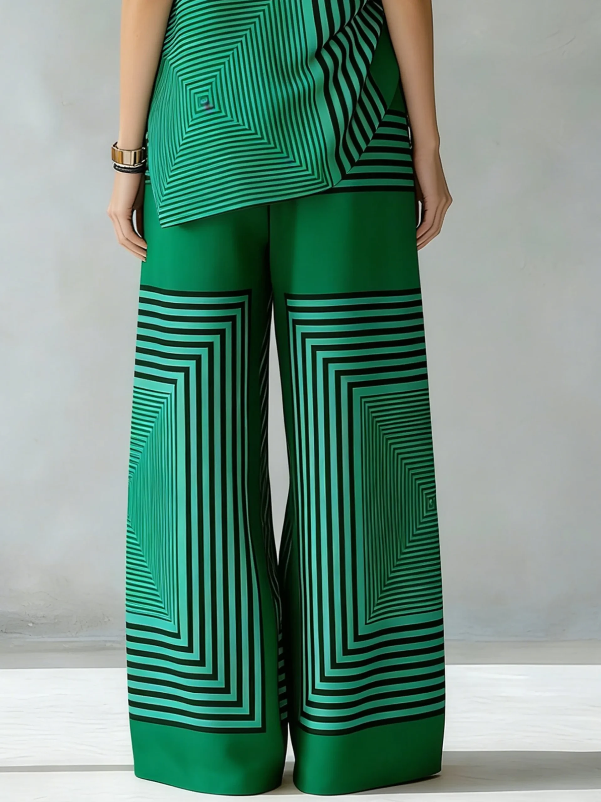 Urban Geometric Stripe Wide Leg Pants High Waist Flowy Office Trousers