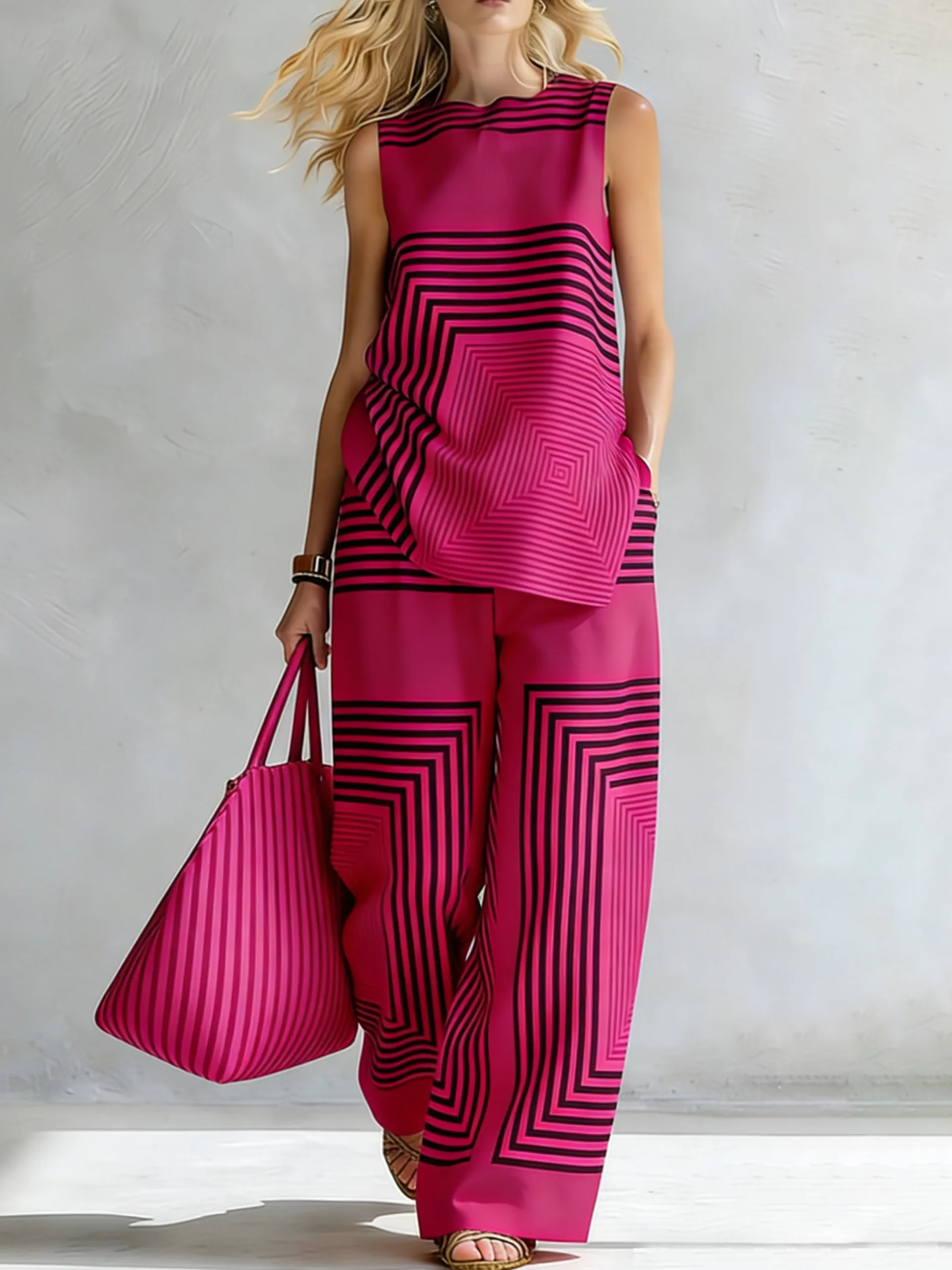 Urban Geometric Stripe Wide Leg Pants High Waist Flowy Office Trousers