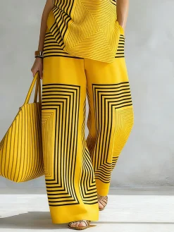 Urban Geometric Stripe Wide Leg Pants High Waist Flowy Office Trousers