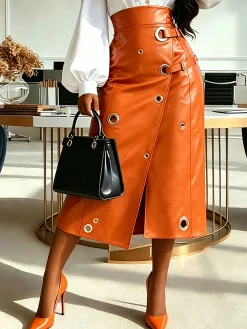 Urban Grommets Plain Midi Faux Leather Skirt