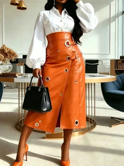Urban Grommets Plain Midi Faux Leather Skirt