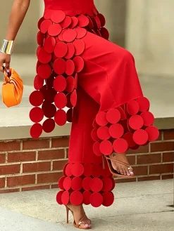 Urban High Waisted Wide Leg Pants Circle Applique Party Trousers