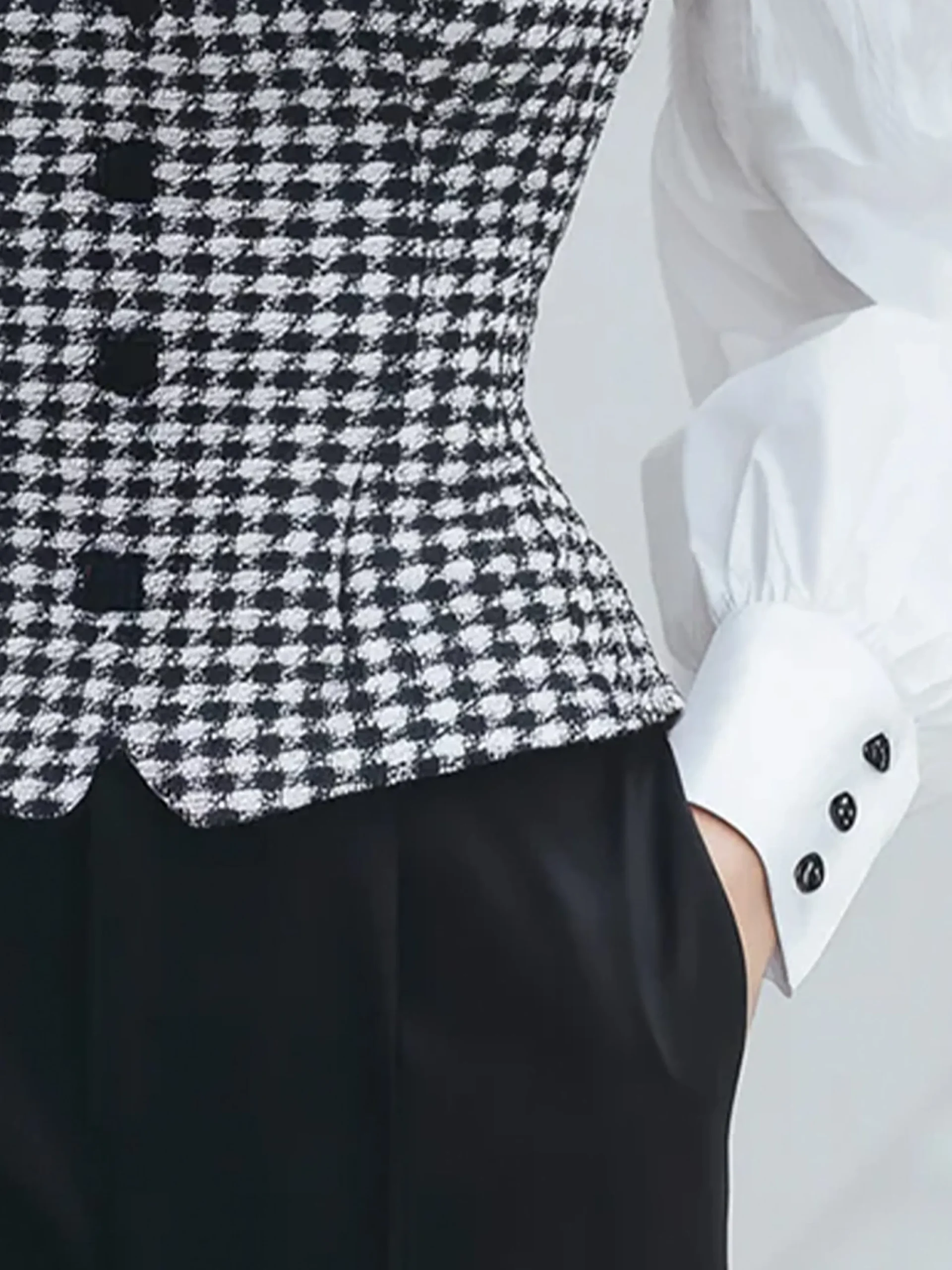 Urban Houndstooth Split Joint Shirt Collar Puff Sleeve Shirt