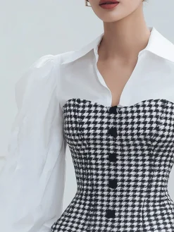 Urban Houndstooth Split Joint Shirt Collar Puff Sleeve Shirt