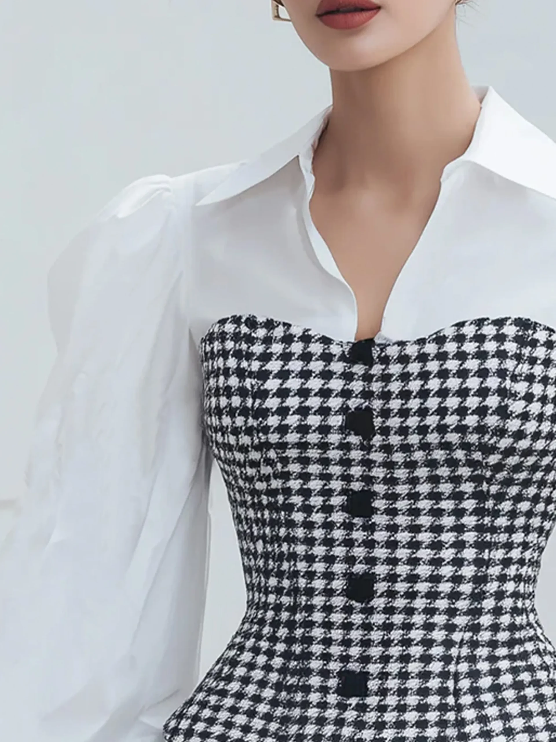 Urban Houndstooth Split Joint Shirt Collar Puff Sleeve Shirt