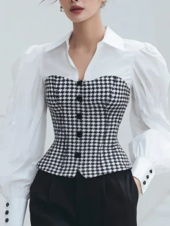 Urban Houndstooth Split Joint Shirt Collar Puff Sleeve Shirt
