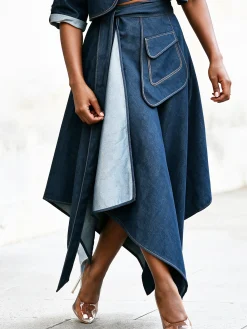Urban Irregular Craftsmanship Plain Maxi Denim Skirt
