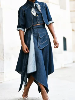 Urban Irregular Craftsmanship Plain Maxi Denim Skirt