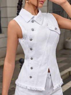 Urban Irregular Craftsmanship Plain Denim Vest