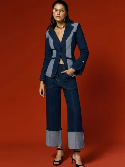Urban Lapel Collar Color Block Denim Coat