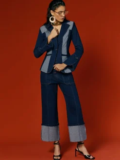 Urban Lapel Collar Color Block Denim Coat