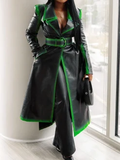 Urban Lapel Collar Regular Fit Color Block PU Faux Leather Coat