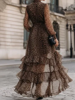 Urban Leopard Puff Sleeve Printing Shawl Collar Maxi Dress
