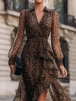 Urban Leopard Puff Sleeve Printing Shawl Collar Maxi Dress