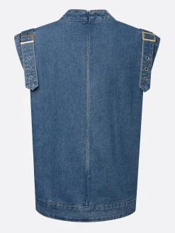 Urban Micro-Elasticity Denim Sleeveless Top Crew Neck Back Zip