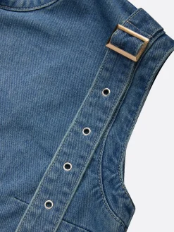 Urban Micro-Elasticity Denim Sleeveless Top Crew Neck Back Zip