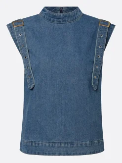 Urban Micro-Elasticity Denim Sleeveless Top Crew Neck Back Zip