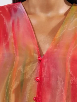 Urban Ombre Printing Color Block Buttoned Balloon Sleeve Shirt
