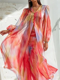 Urban Ombre Printing Color Block Buttoned Balloon Sleeve Shirt