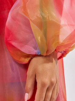 Urban Ombre Printing Color Block Buttoned Balloon Sleeve Shirt