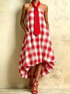 Urban Plaid Halter Neck Maxi Dress