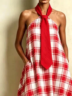 Urban Plaid Halter Neck Maxi Dress