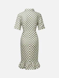 Urban Plaid Printing Shirt Collar Midi Dress