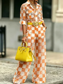 Urban Plaid Printing Wide Leg Pants