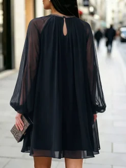 Urban Plain Balloon Sleeve Split Joint Midi Dress