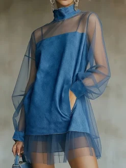 Urban Plain Balloon Sleeve Split Joint Mock Neck Denim Mini Dress