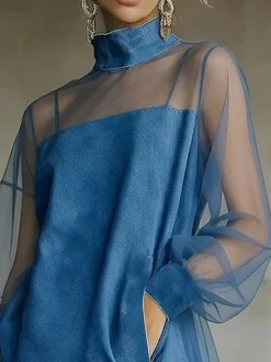 Urban Plain Balloon Sleeve Split Joint Mock Neck Denim Mini Dress