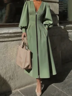Urban Plain Balloon Sleeve Zipper V Neck Midi Dress