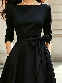 Urban Plain Bow Boat Neck Midi Dress