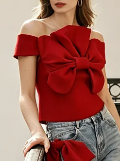 Urban Plain Bow Off The Shoulder Blouse