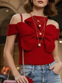 Urban Plain Bow Off The Shoulder Blouse