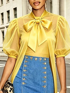 Urban Plain Bow Tie Neck Blouse