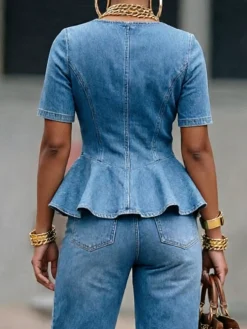 Urban Plain Button Detail Crew Neck Denim Top