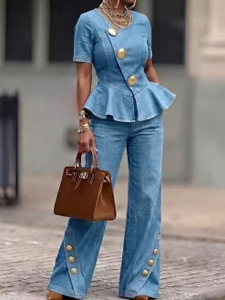 Urban Plain Button Detail Crew Neck Denim Top