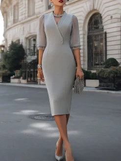 Urban Plain Buttoned Cross Neck Midi Dress