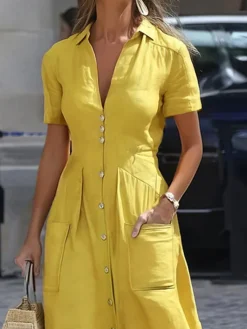 Urban Plain Buttoned Shirt Collar Maxi Dress