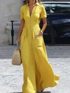 Urban Plain Buttoned Shirt Collar Maxi Dress